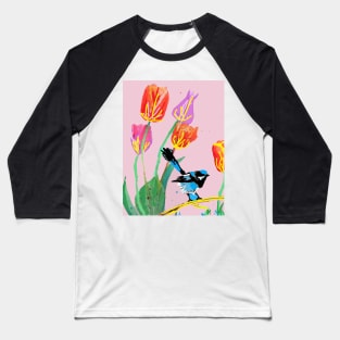 Abstract Blue Wren and Tulips Painting - on Pale Pink Baseball T-Shirt